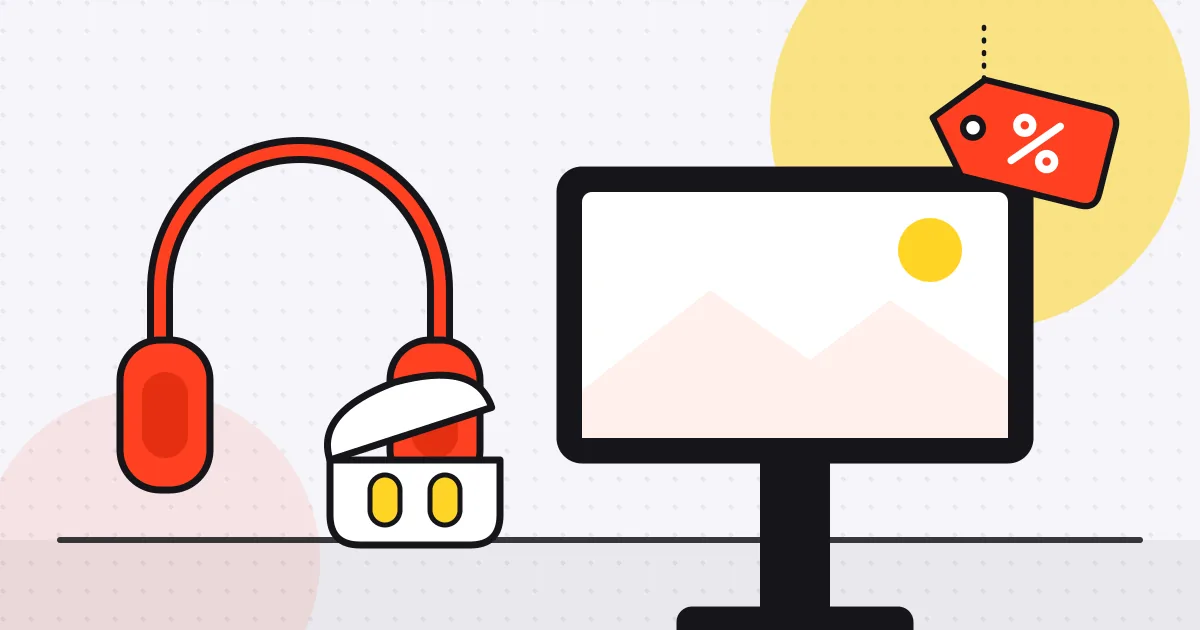 Illustration of over-ear headphones, wireless earbuds in an open case and a computer monitor with a red sale tag