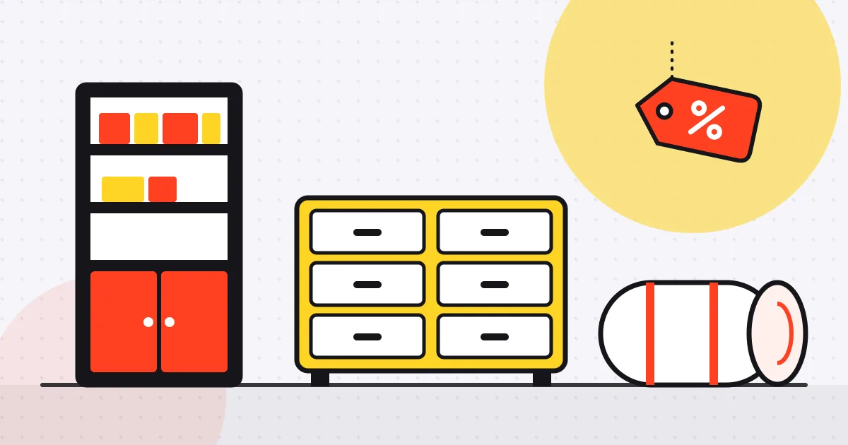 Illustration of a bookcase, a two-column chest of drawers and a rolled mattress with a red sale tag