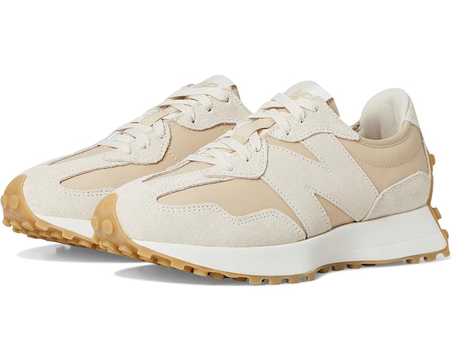 Women’s New Balance 327 lifestyle sneakers in Bisque Desert Clay color featuring retro-inspired design, nylon upper, suede overlays, and oversized side logo.