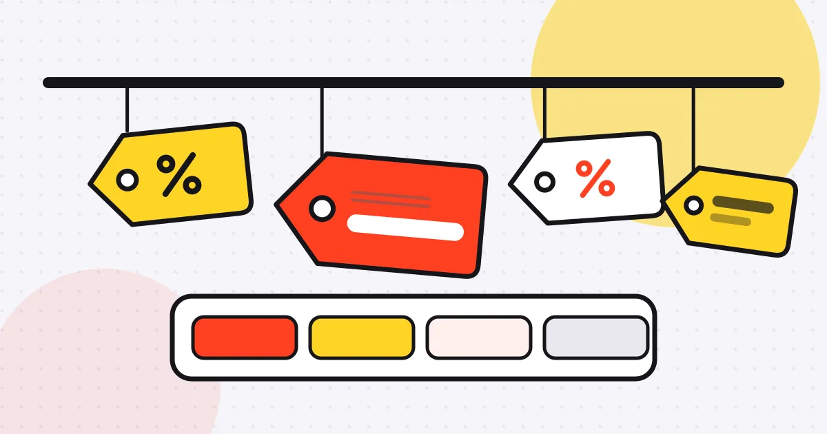 Illustration of red and yellow sale tags hanging from a rail, one marked with a crossed-out old price