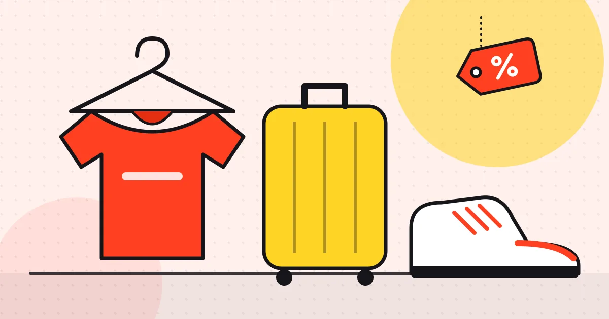 Illustration of a sneaker, a shirt on a hanger and a hard-shell suitcase with a red sale tag
