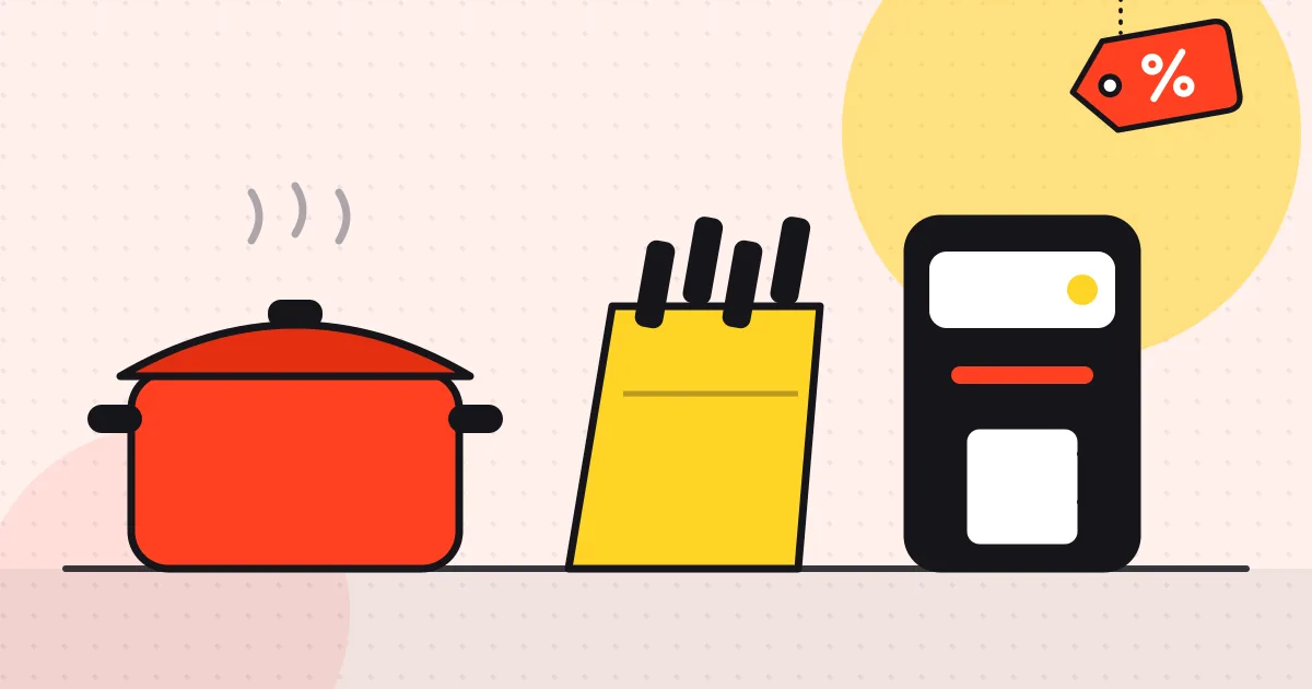 Illustration of a cooking pot, a knife block and a compact coffee maker on a kitchen counter with a red sale tag