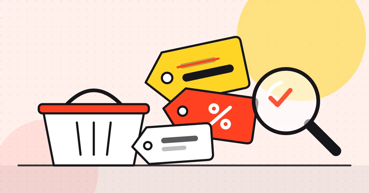 Illustration of a stack of yellow and red price tags with a crossed-out old price, a magnifying glass and a shopping basket