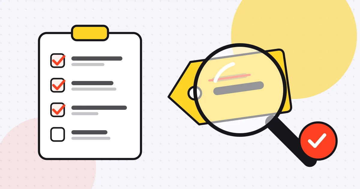 Illustration of a magnifying glass over a price tag next to a checklist with three ticked boxes