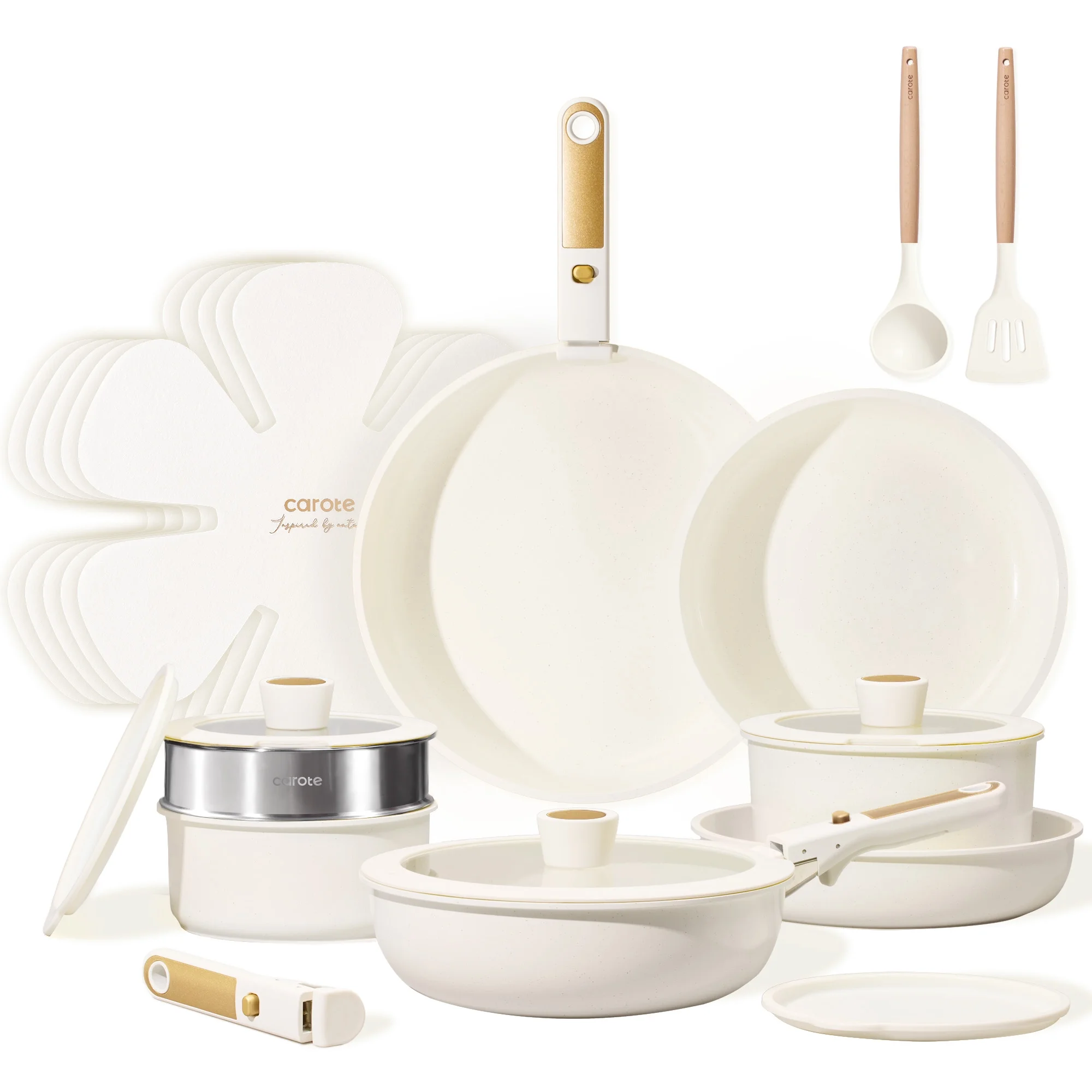 CAROTE 21-Piece Ceramic Non-Stick Pots and Pans Set with Detachable Handle, Granite White