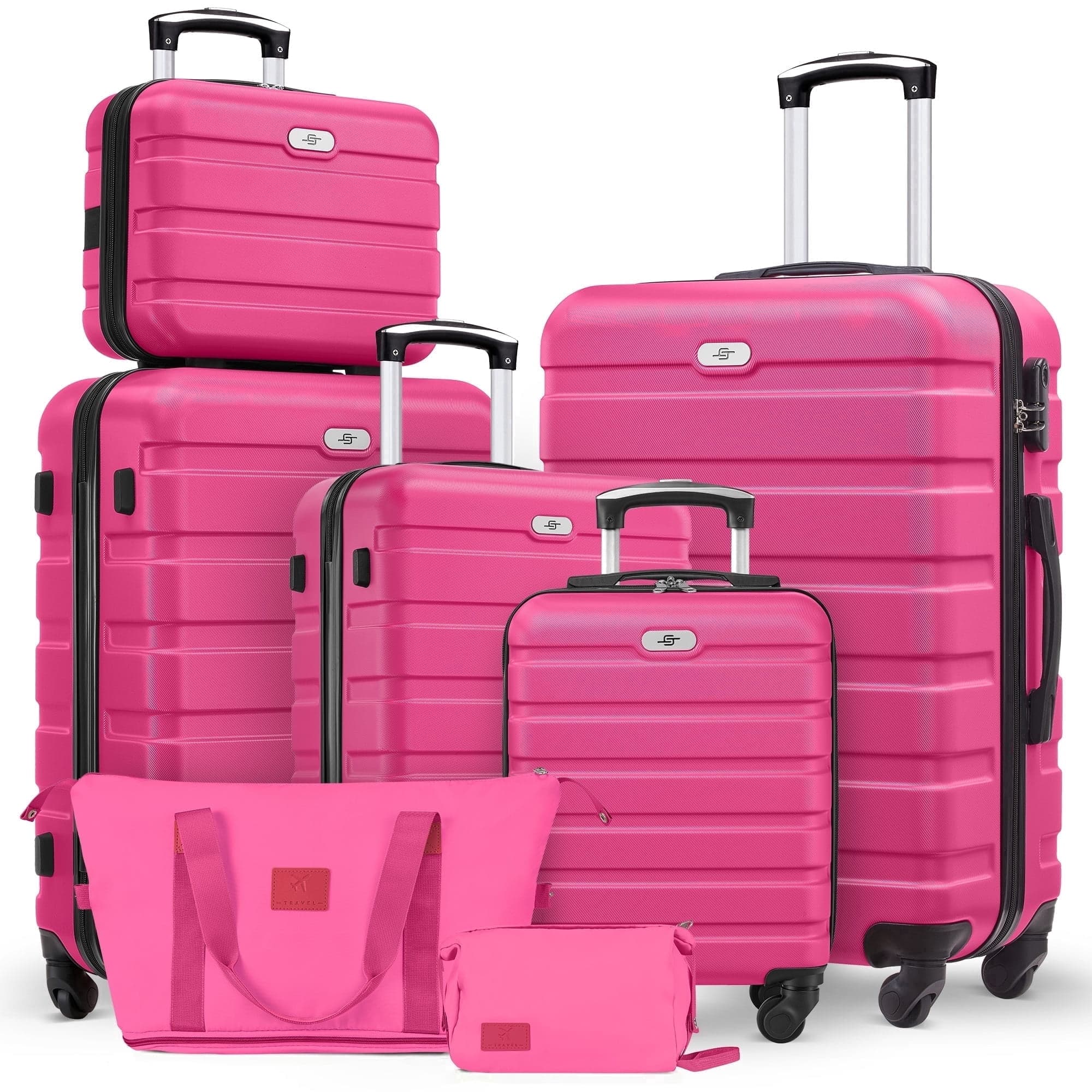 Gowill 7 Piece Luggage Sets, 13/16/20/24/28 inch Hardside Lightweight ABS Suitcase With Expandable Duffle Bag (Rose Red)