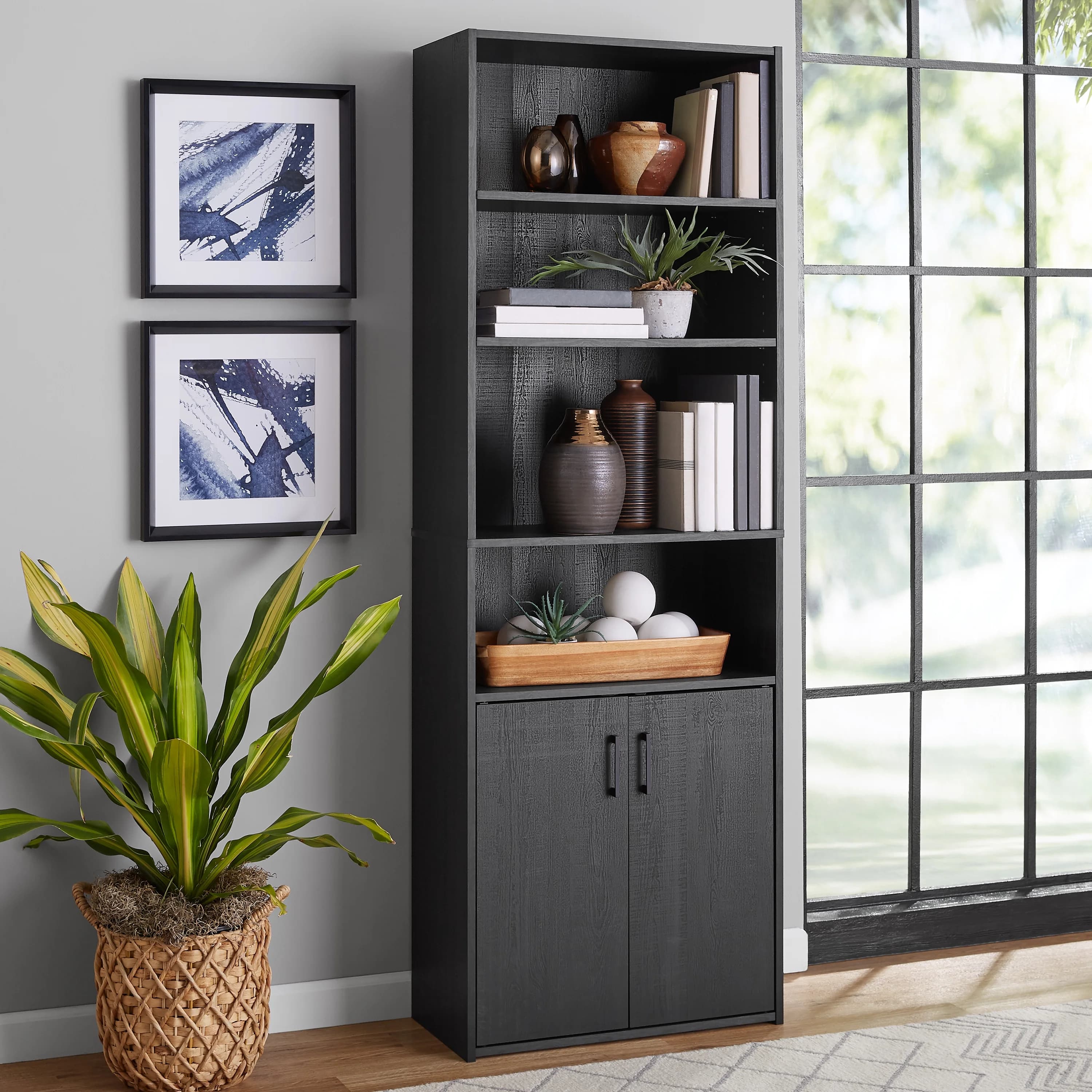 Mainstays 5-Shelf Bookcase with Doors, Black Finish