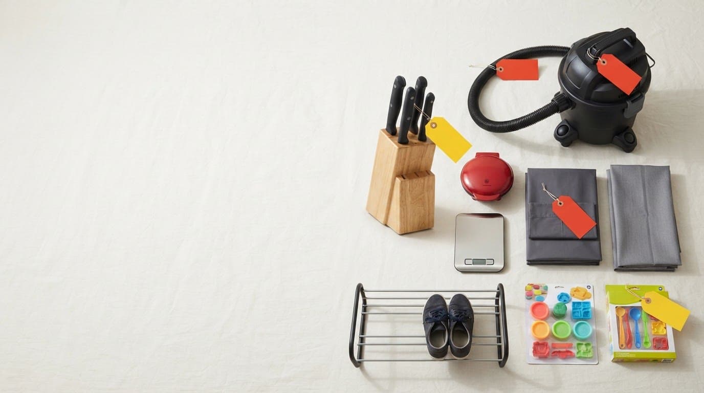 Home, kitchen, bedding and toy items under $50 arranged on a light background with red and yellow price tags